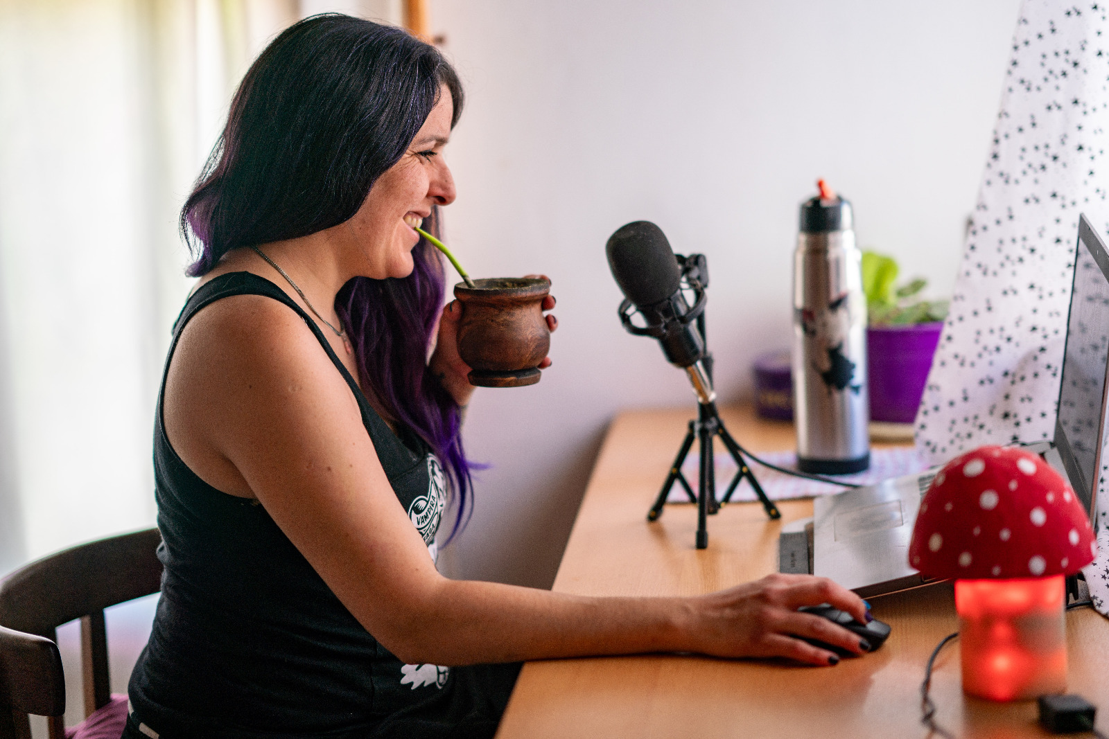 Laura at her podcast setup